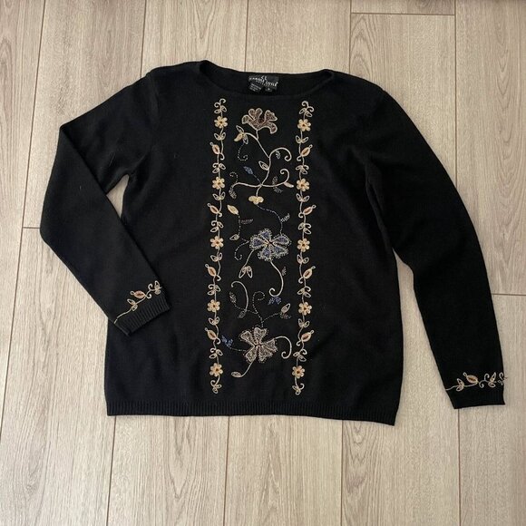 Carole Little Wool Beaded Embroidered Knit Sweater Women Size Large Black Floral - Picture 3 of 10